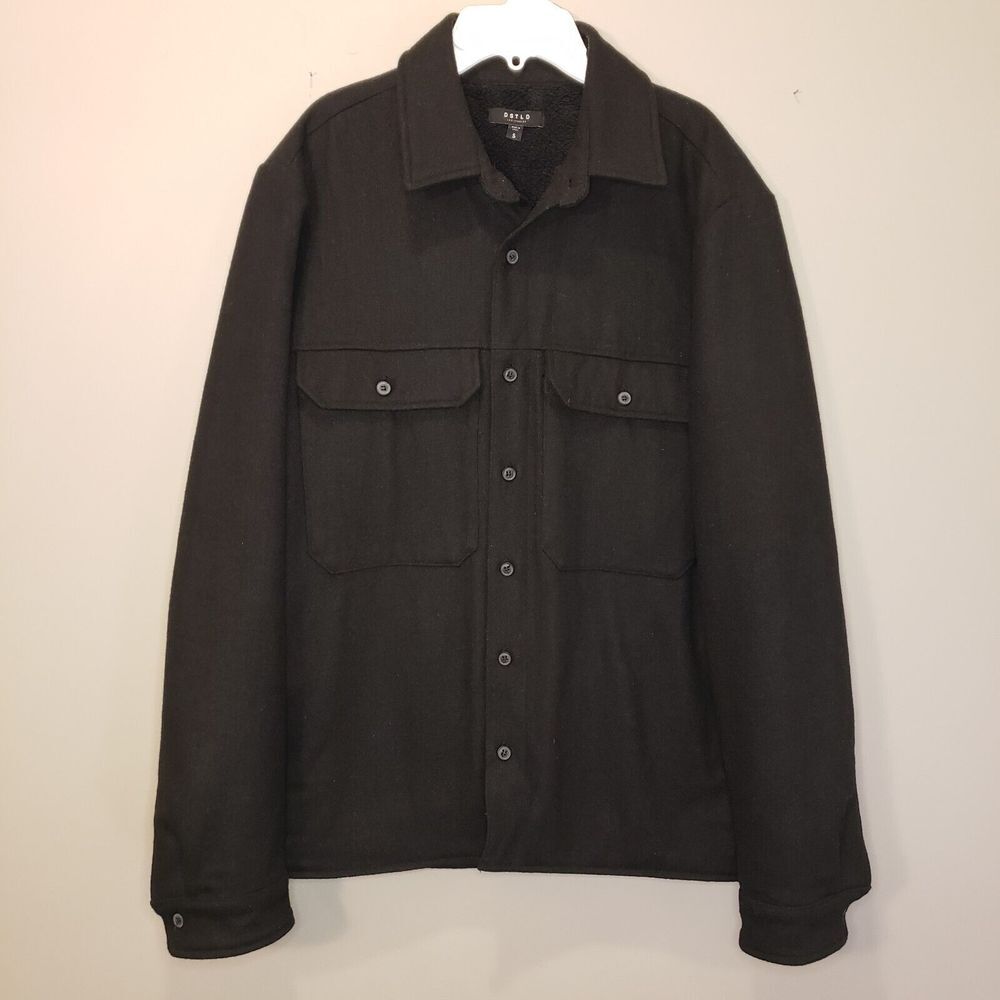 DSTLD Mens S Sherpa Lined Wool Shacket Black Button Up Jacket Collar
